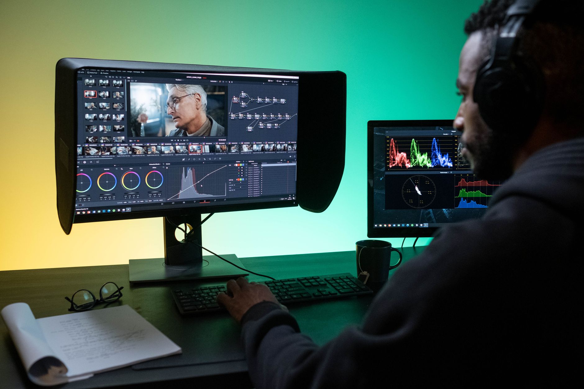 A digital media production studio setup with editing screens and hardware equipment.
