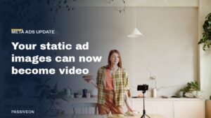 Woman filming herself in a bright kitchen with a phone on a tripod, headline about static ad images becoming video