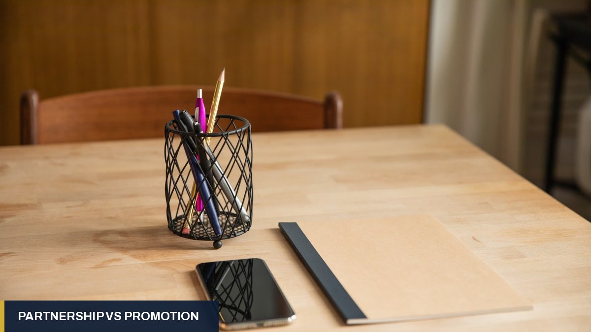 Tidy wooden desk with a smartphone, pen holder and notebook